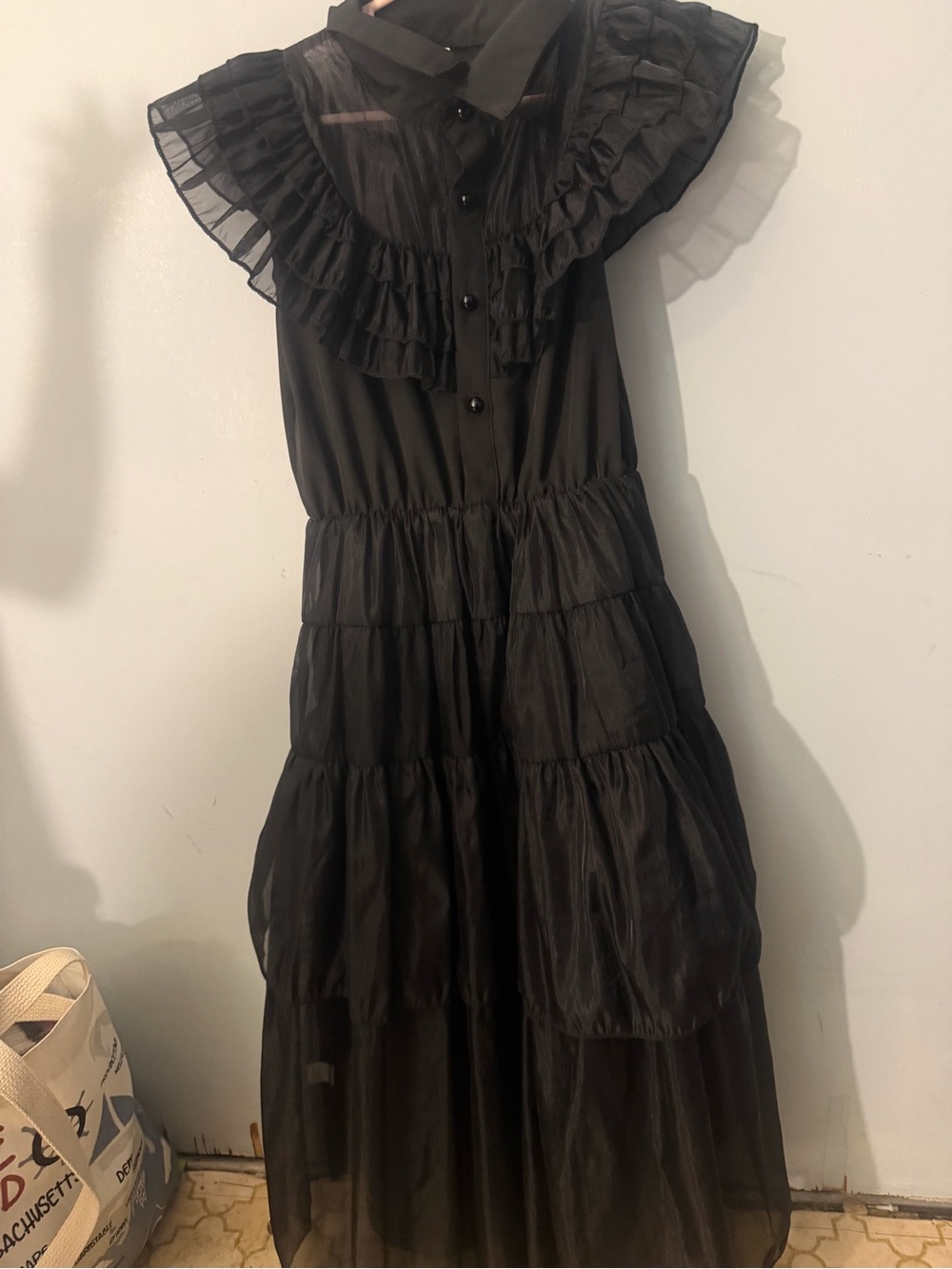 Girls Wednesday Addams Inspired Black Ruffle Dress Costume Size 140